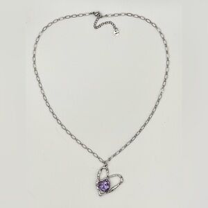 Stainless Steel Open Heart Necklace with Purple Crystal Pendant